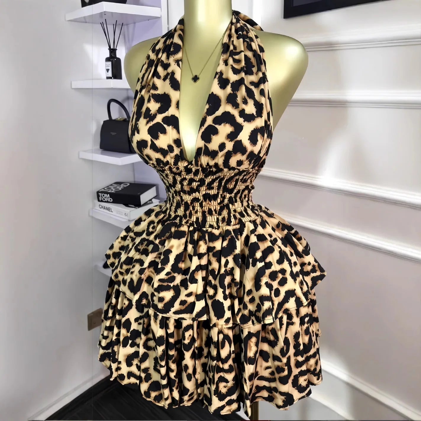 Leopard Print Halter Neck Backless Mini Dress