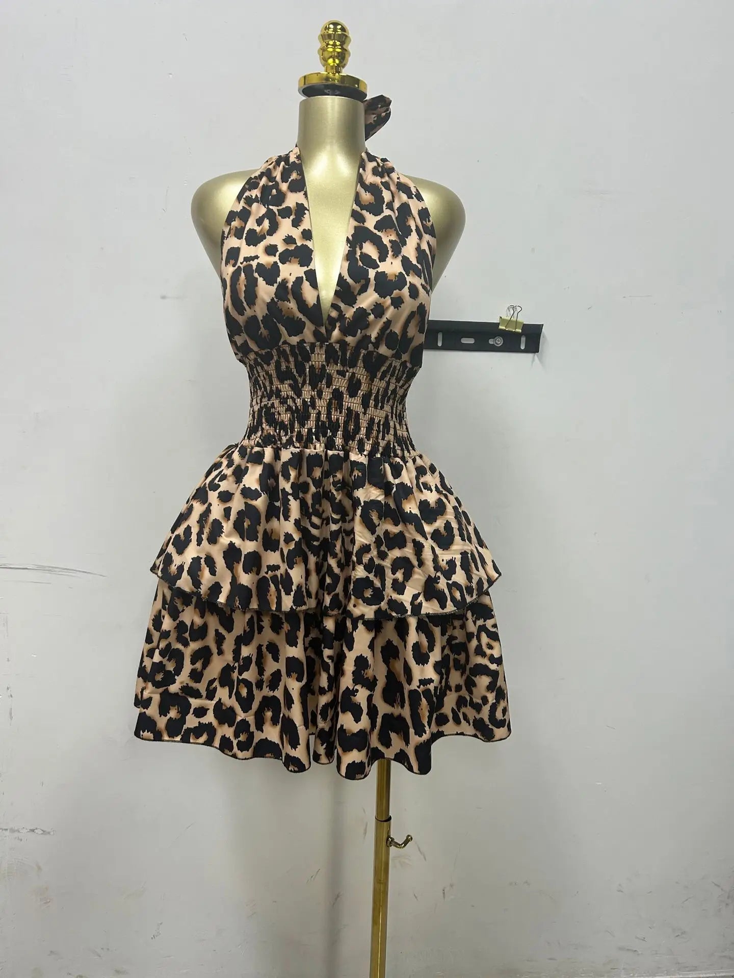 Leopard Print Halter Neck Backless Mini Dress