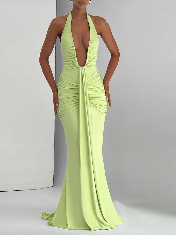 Deep V-neck Pleated Ribbon Women Mermaid Dress