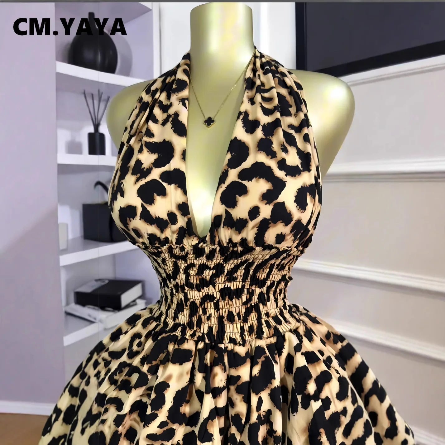 Leopard Print Halter Neck Backless Mini Dress