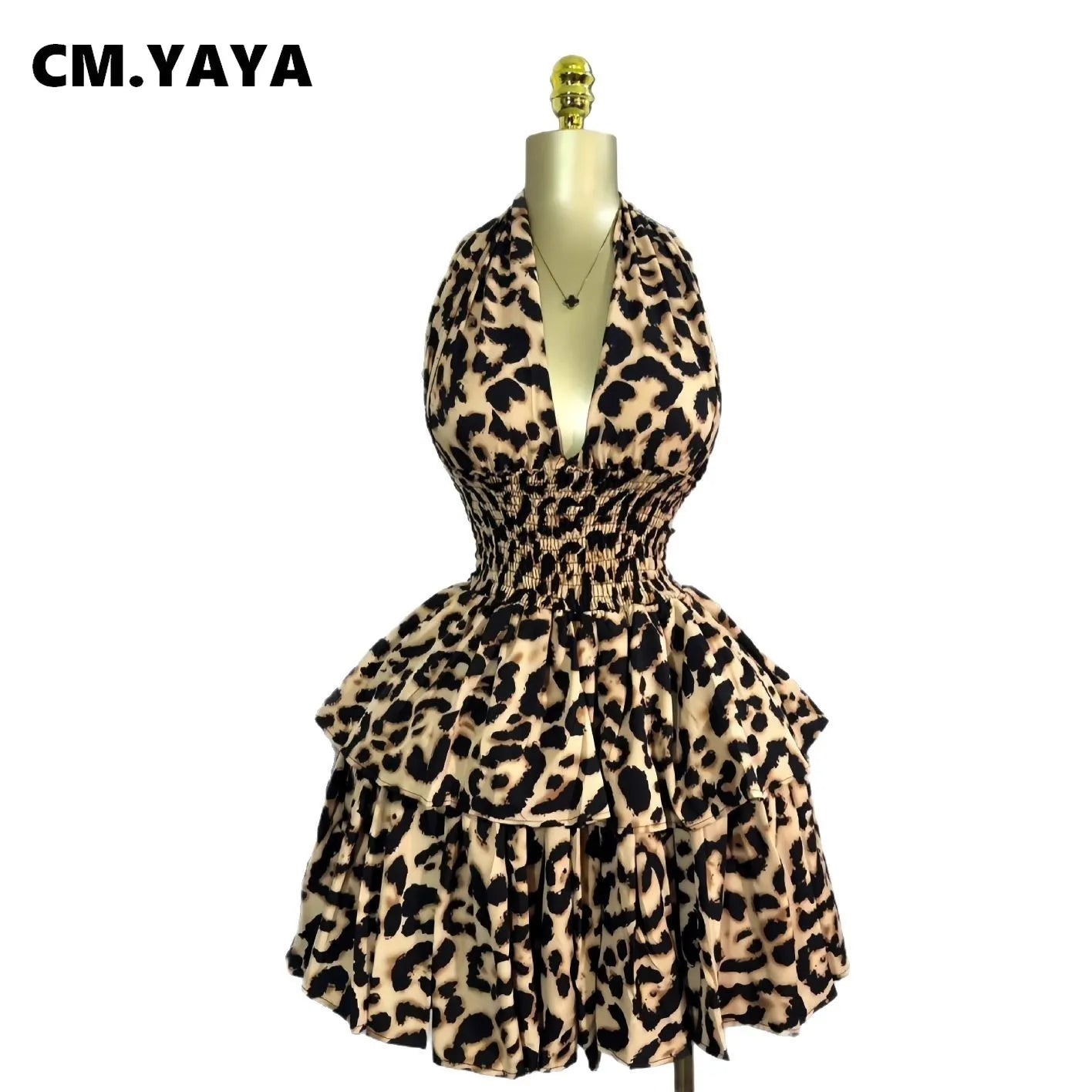 Leopard Print Halter Neck Backless Mini Dress