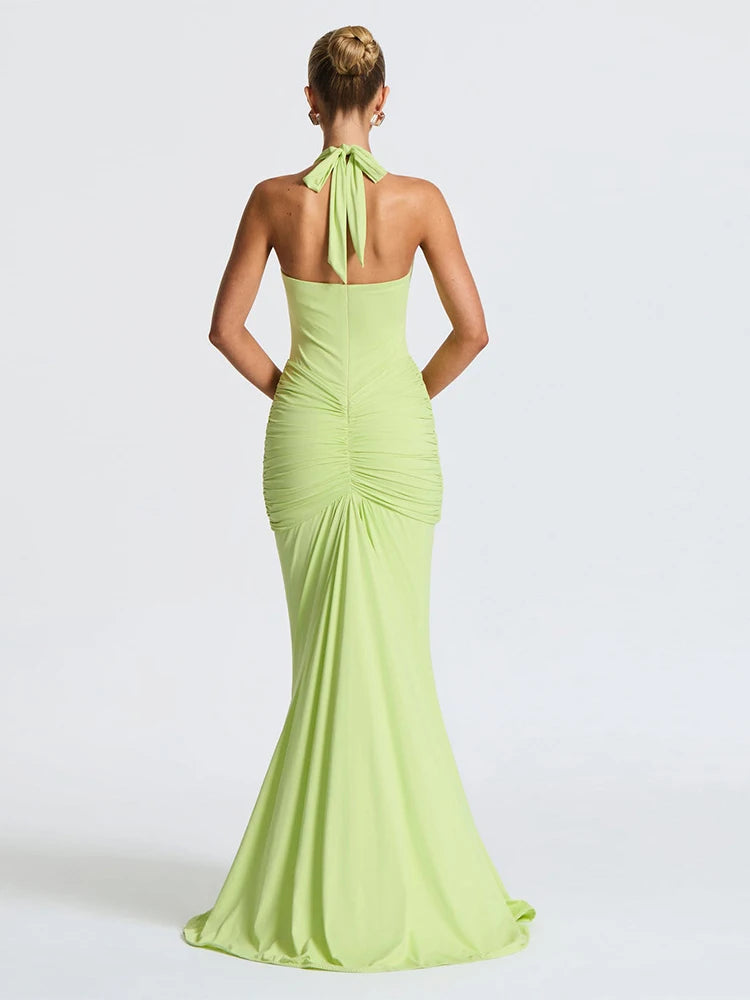 Deep V-neck Pleated Ribbon Women Mermaid Dress