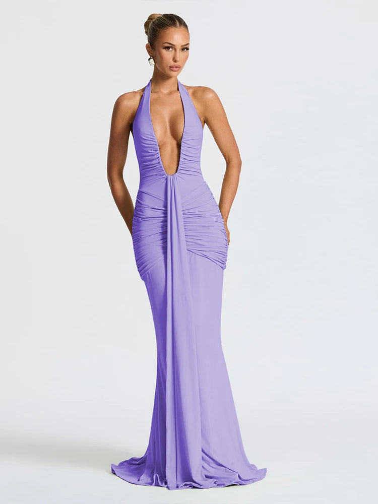 Deep V-neck Pleated Ribbon Women Mermaid Dress