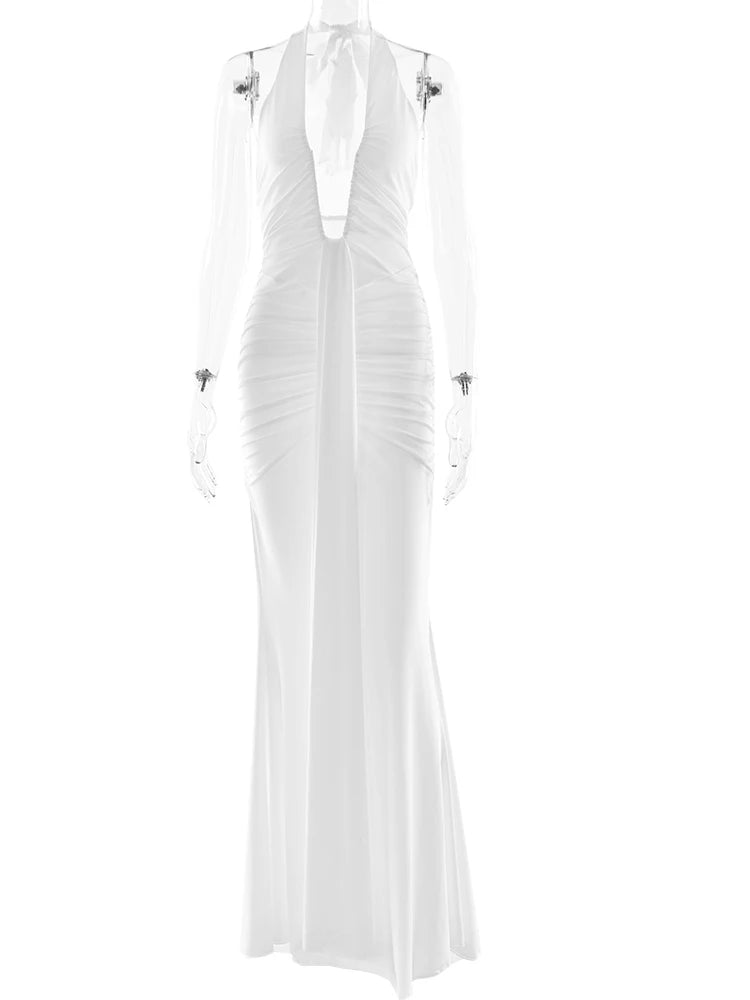Deep V-neck Pleated Ribbon Women Mermaid Dress