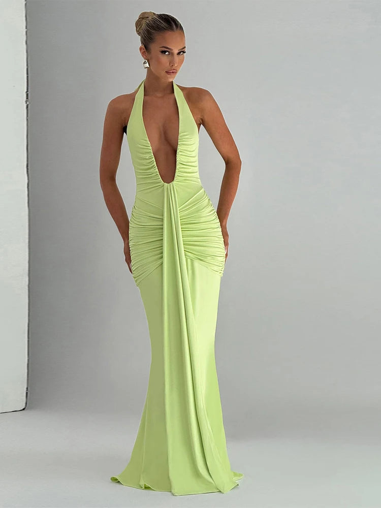 Deep V-neck Pleated Ribbon Women Mermaid Dress