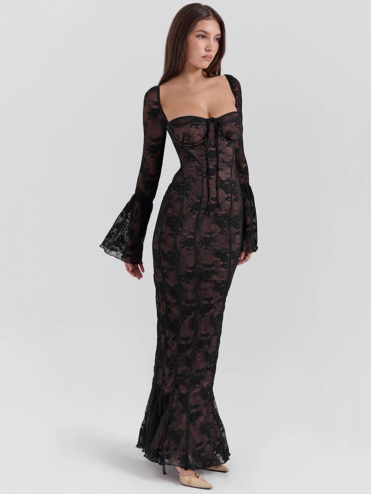 Long Flare Sleeve Sexy Maxi Dress
