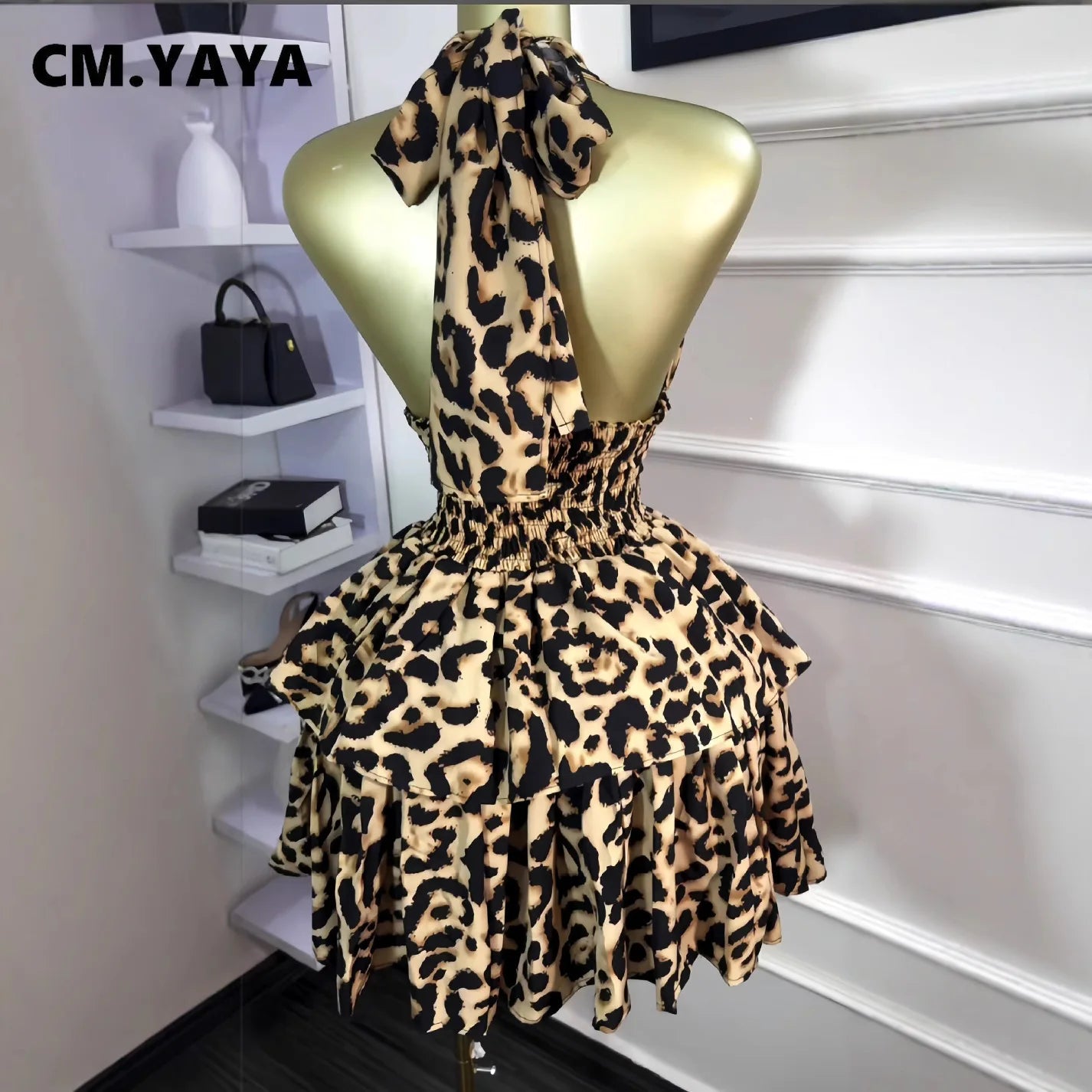 Leopard Print Halter Neck Backless Mini Dress