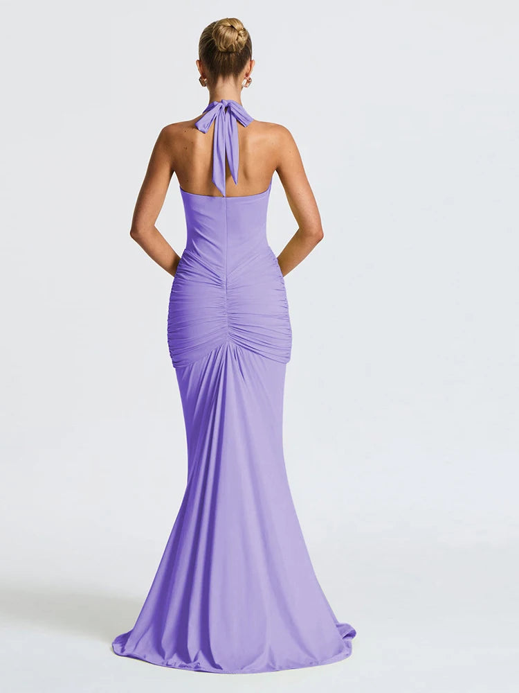 Deep V-neck Pleated Ribbon Women Mermaid Dress