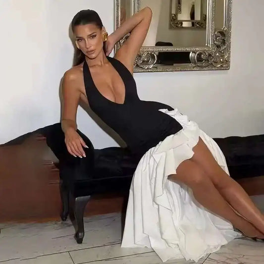 Deep V Ruffles High Split Dress