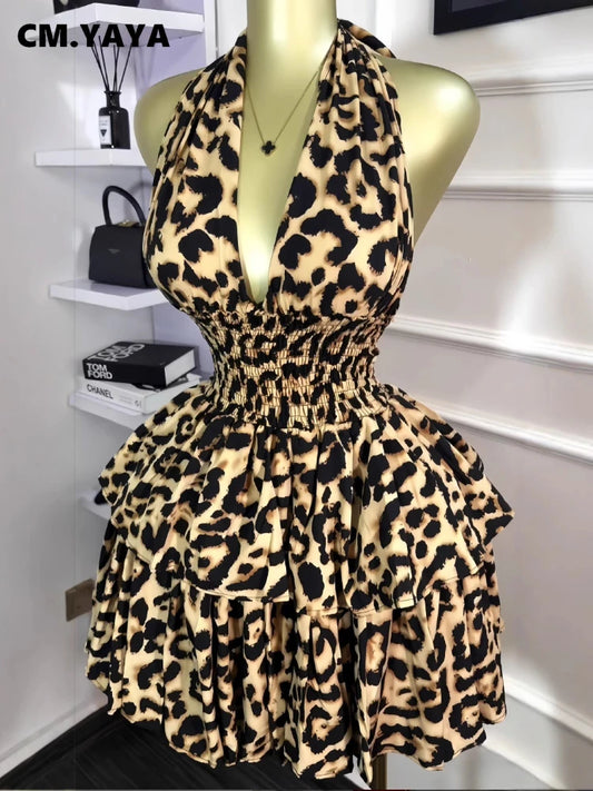 Leopard Print Halter Neck Backless Mini Dress