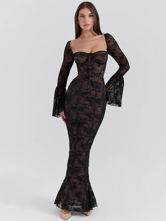 Long Flare Sleeve Sexy Maxi Dress