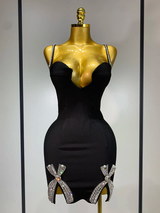 Sexy V Neck Beading Black Mini Dress